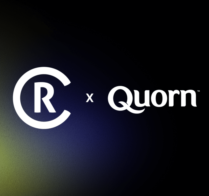 creative race and quorn logos on a black background