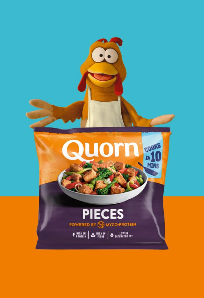 quorn pieces in packaging with chickson chicken puppet pals character